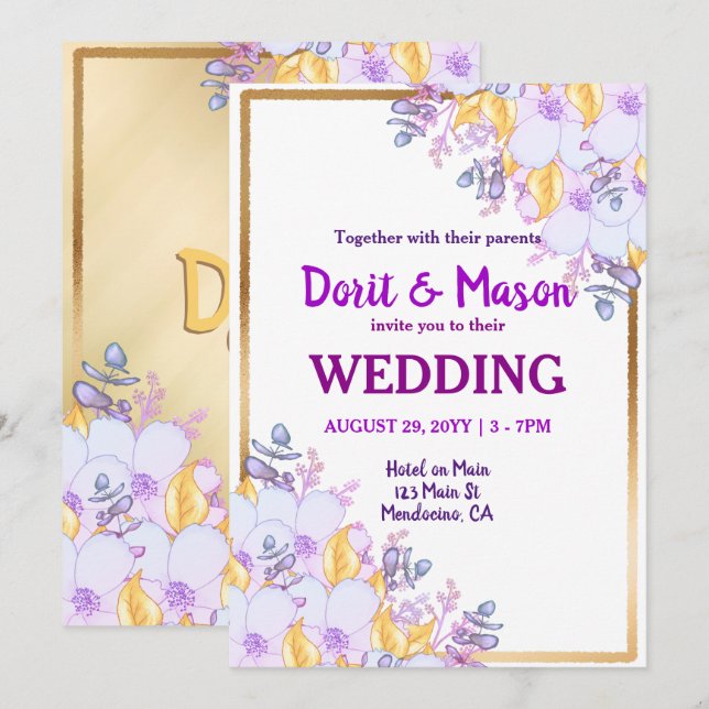 Invitation Or encadré violet et or floral (Devant / Derrière)