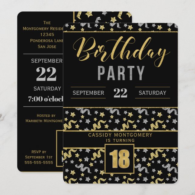 Invitation Or et argent sur Noir 18e anniversaire Confetti (Devant / Derrière)