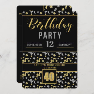 Invitation Or et argent sur Noir 40e anniversaire Confetti