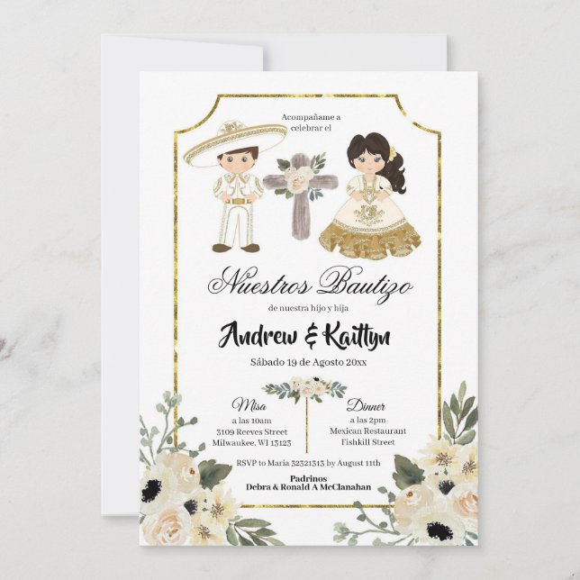 Invitation Or et blanc Floral frère garçon et fille Bautizo (Devant)