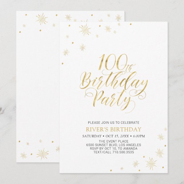 Invitation Or et blanc | Modern Chic 100th Birthday Party (Devant / Derrière)