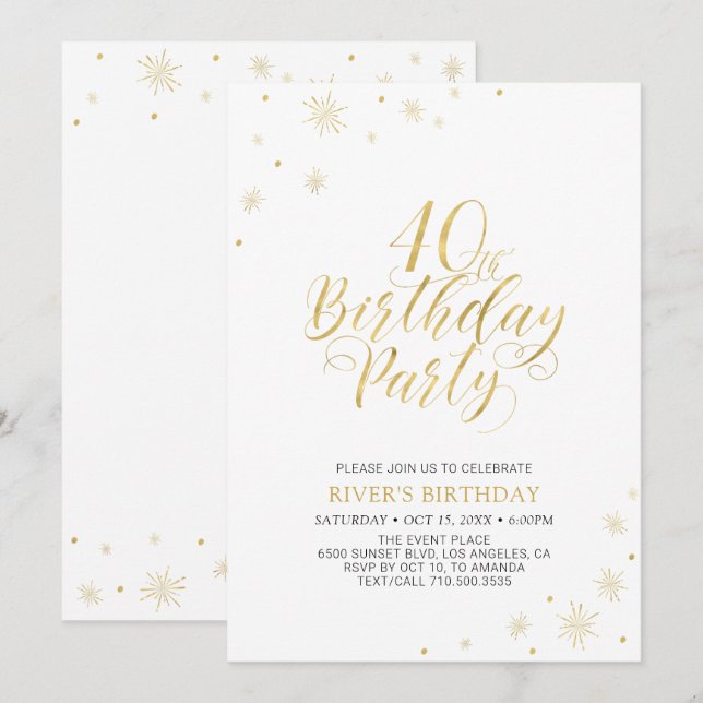 Invitation Or et blanc | Modern Chic 40th Birthday Party (Devant / Derrière)