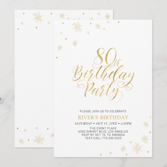 Invitation Or et blanc | Modern Chic fête d'anniversaire 80e (Devant / Derrière)