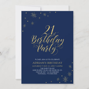 Invitation Or et bleu marine Fête d'anniversaire 21 ans chi