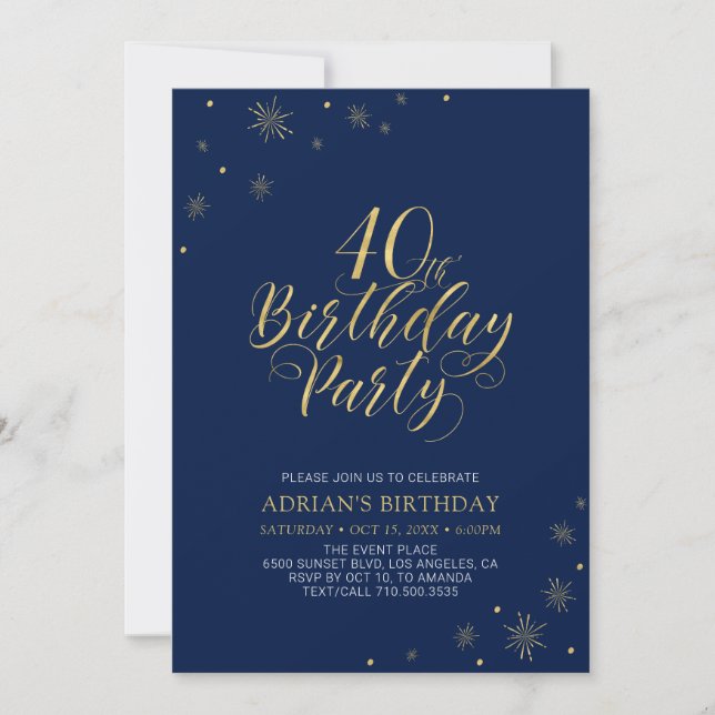 Invitation Or et bleu marine | Modern Chic 40th Birthday Part (Devant)