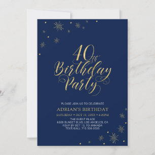 Invitation Or et bleu marine Modern Chic 40th Birthday Part