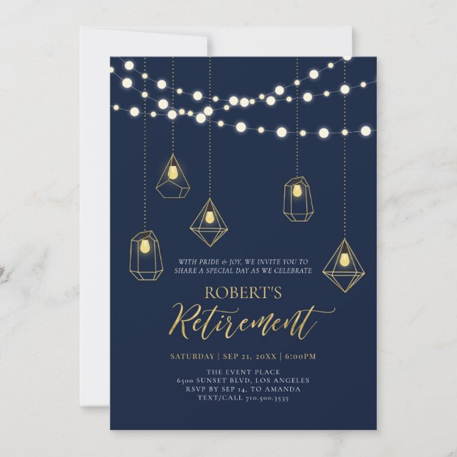 Invitation Or et bleu marine | String Lights RetiParty (Devant)