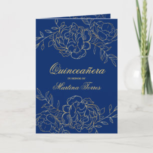 Invitation Or et Bleu Royal Floral Quinceanera Opulent