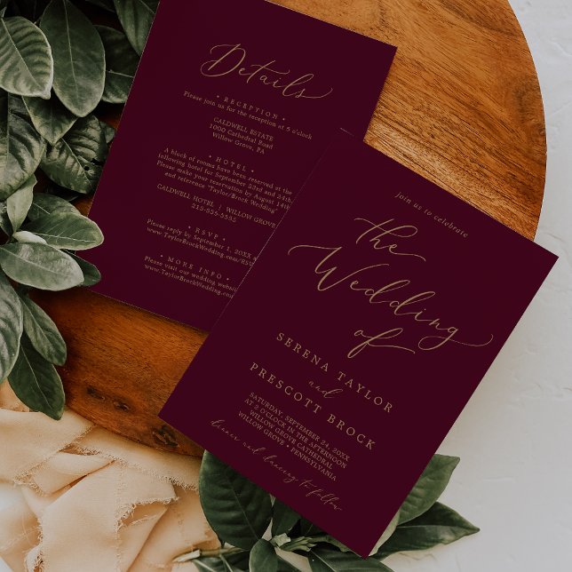 Invitation Or et Bourgogne tout en un Mariage (Créateur téléchargé)