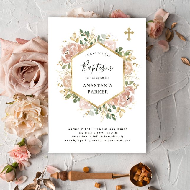 Invitation Or et Elégant aquarelle neutre Baptême floral (Créateur téléchargé)