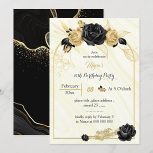 Invitation or et fleurs noires anniversaire géométrique