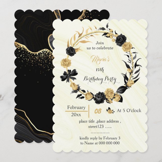 Invitation or et fleurs noires couronne anniversaire (Devant / Derrière)