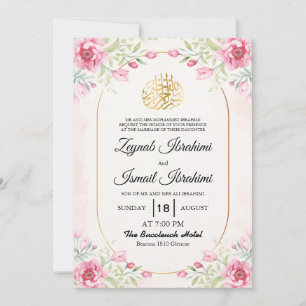 Invitation Or et floral, feuilles roses mariage islamique mus
