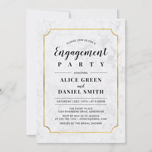 Invitation Or et marbre | Partie d'engagement Mariage classiq (Devant)