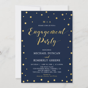 Invitation Or et marine   Confetti moderne Engagement Party I