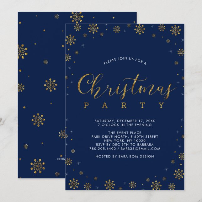 Invitation Or et marine | Fête de Noël de Snowflake moderne (Devant / Derrière)