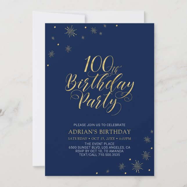 Invitation Or et marine | Modern Chic 100th Birthday Party (Devant)
