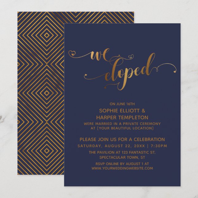 Invitation Or et marine, notre célébration d'après-mariage ap (Devant / Derrière)