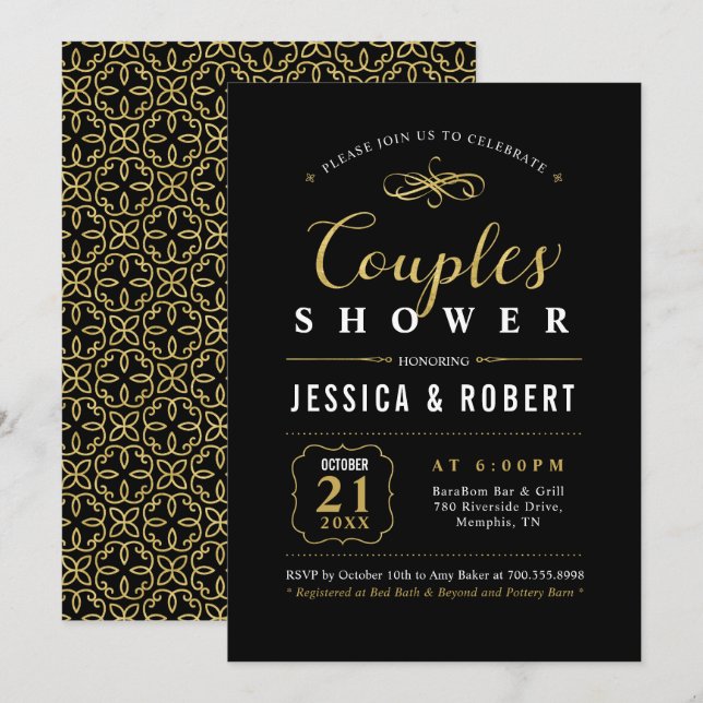 Invitation Or et noir | Élégant Wedding shower Couples (Devant / Derrière)