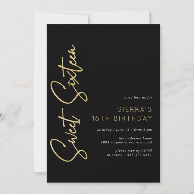 Invitation Or et noir | Moderne Sleek Sweet 16 anniversaire (Devant)
