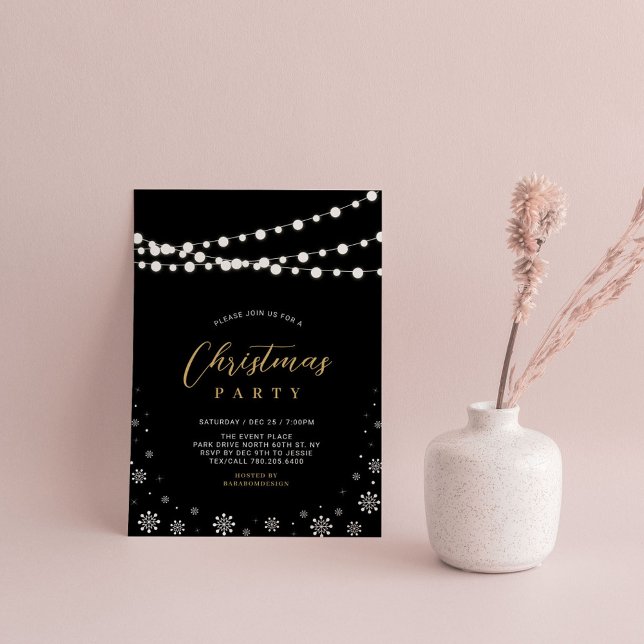 Invitation Or et noir | String Lights Christmas Party Invit (Créateur téléchargé)