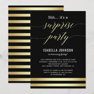 Invitation Or et rayures noires chut… C'est une fête