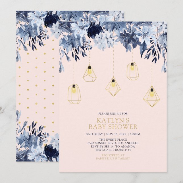 Invitation Or et rose | Baby shower chic Boho (Devant / Derrière)