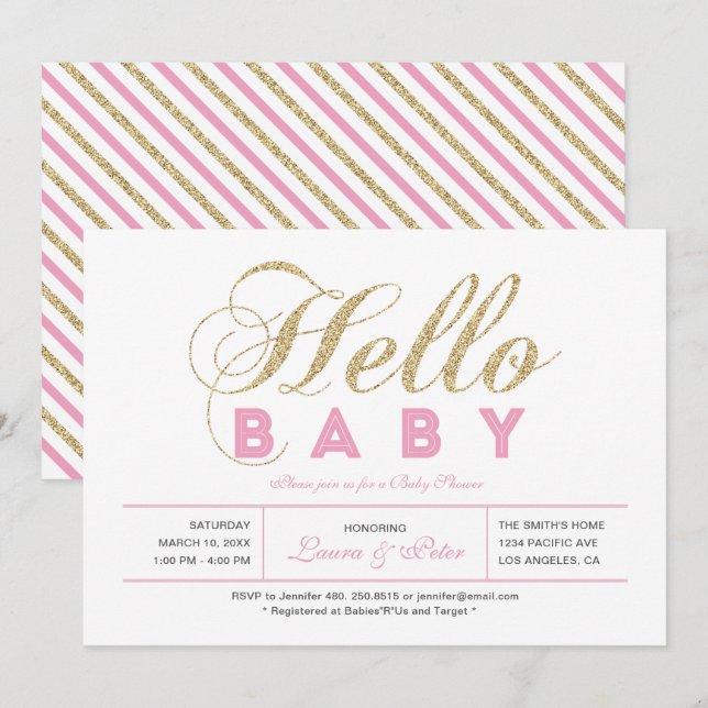 Invitation Or et rose | Fille, Baby shower de typographie mod (Devant / Derrière)