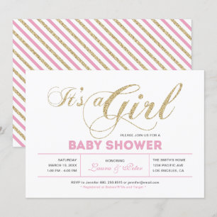Invitation Or et rose   Fille, Baby shower de typographie mod