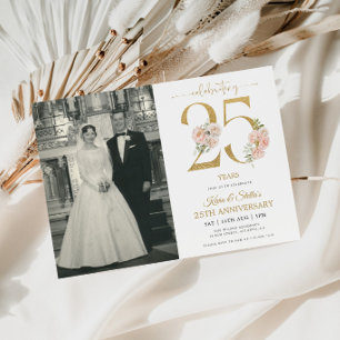 Invitation Or et Rose Floral 25ème Anniversaire
