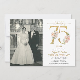 Invitation Or et Rose Floral 75e Anniversaire