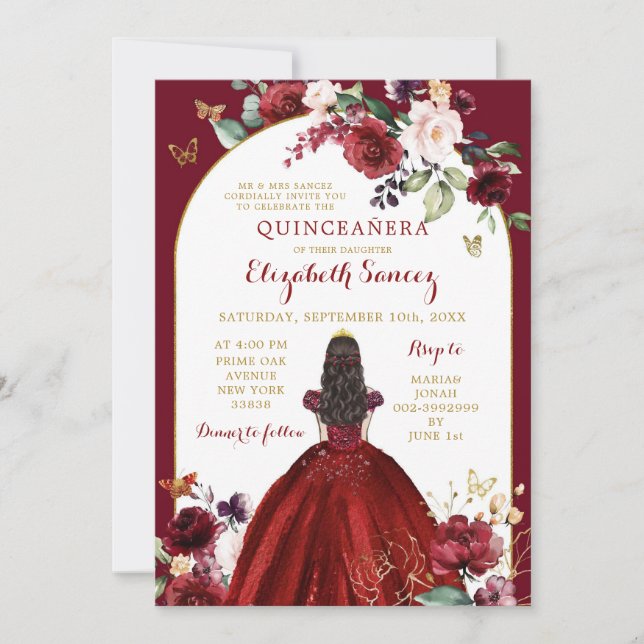 Invitation Or et roses rouges Floral Quinceañera (Devant)