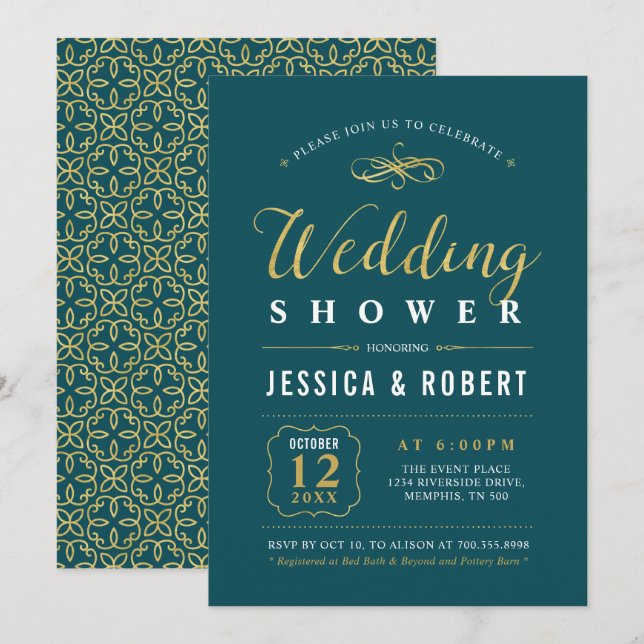 Invitation Or et Turquoise | Élégant Wedding shower Couples (Devant / Derrière)