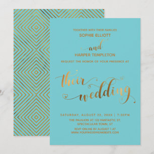 Invitation Or et Turquoise Leurs Cœurs de Mariage Script