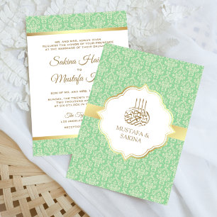 Invitation Or et Vert Menthe Damassé Mariage Islamique Musulm