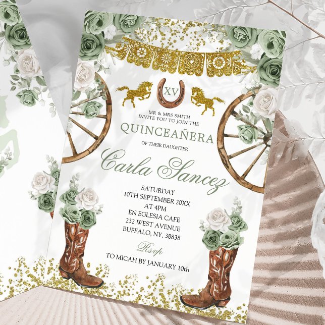 Invitation Or et Vert Sauge Charra 15 Ans (Créateur téléchargé)