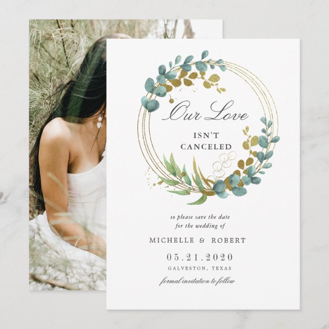 Invitation or eucalyptus verdure Photo Enregistrer la date (Devant / Derrière)