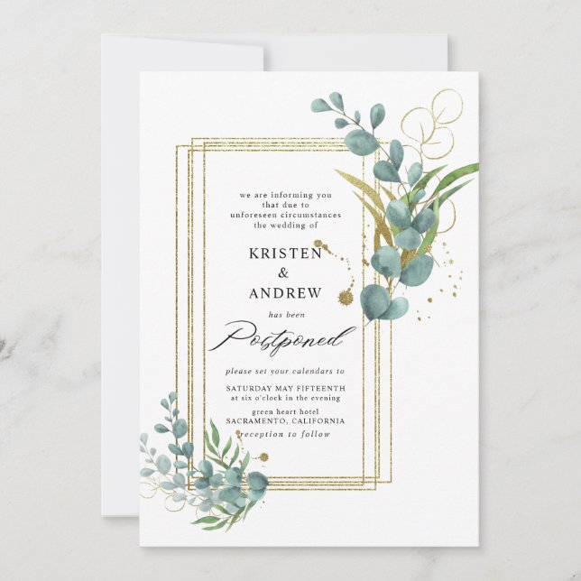 Invitation or eucalyptus vert Mariage reporté (Devant)
