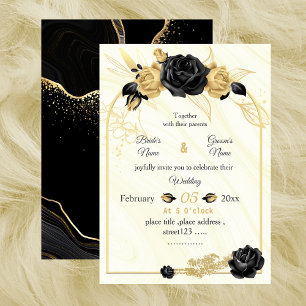Invitation or & fleurs noires botanique mariage géométrique