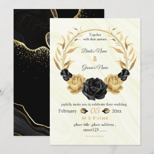 Invitation or & fleurs noires mariage de couronne botanique