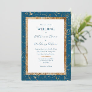 Invitation Or Floral bleu Mariage moderne