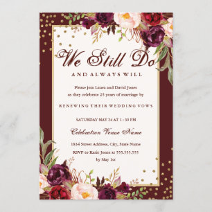 Invitation Or Floral Bourgogne Doré Renouvellement de Vœux An