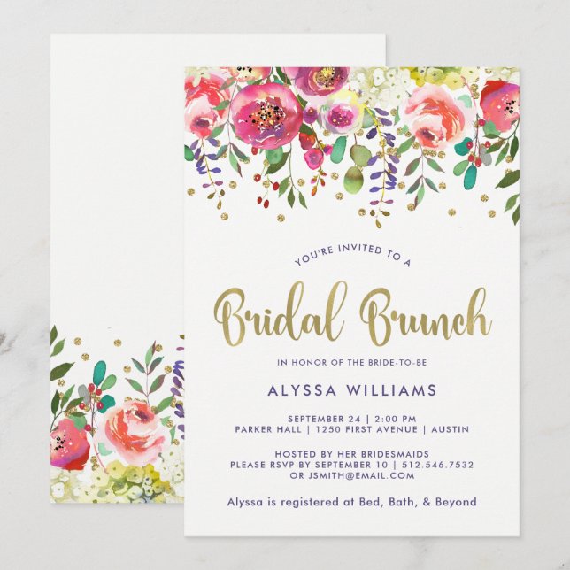 Invitation Or floral | Brunch nuptial moderne aquarelle (Devant / Derrière)