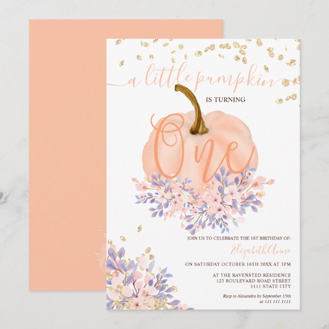 Invitation or floral citrouille aquarelle premier anniversair (Devant / Derrière)