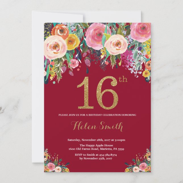 Invitation Or floral d'invitation d'anniversaire de Bourgogne (Devant)
