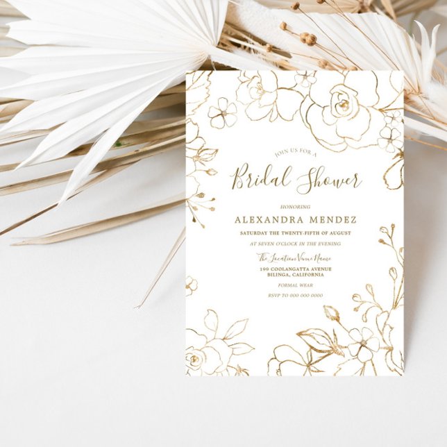 Invitation Or Floral Elegant Blanc Fête des mariées moderne (Créateur téléchargé)