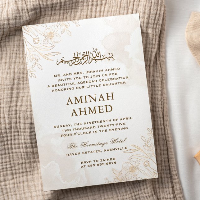 Invitation Or Floral Feuille islamique Aqiqa Aqeeqa Baby (Créateur téléchargé)