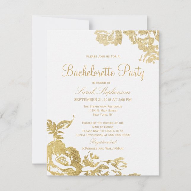 Invitation Or floral moderne simple élégant Bachelorette (Devant)