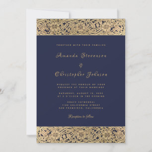 Invitation Or floral Rose Bleu de Nuit Élégant Mariage Vintag