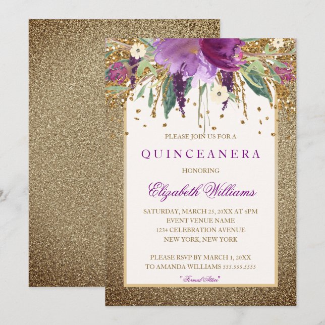 Invitation Or Floral Sparkling Amethyst Quinceanera Invitatio (Devant / Derrière)